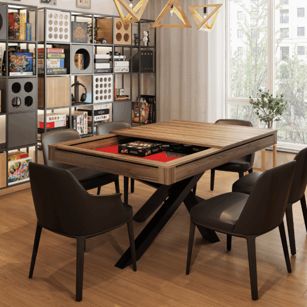 Table de jeux créée par Apex Mobilier : des joueurs utilisent une table de jeux pour jouer à une partie de jeux de société.