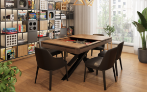 Table de jeux créée par Apex Mobilier : des joueurs utilisent une table de jeux pour jouer à une partie de jeux de société.